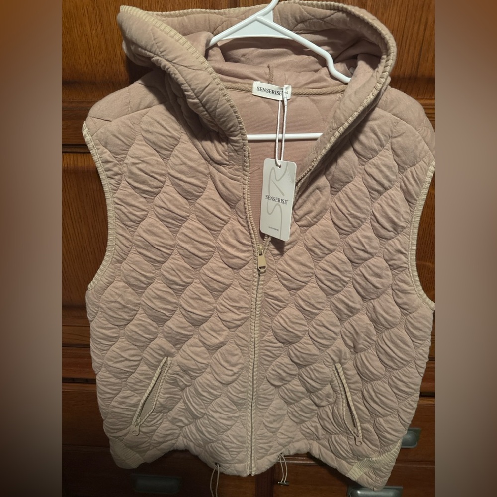 Quilted Hooded Vest Dusty Blush Oversized Lightweight Zip Puffer Layering Piece